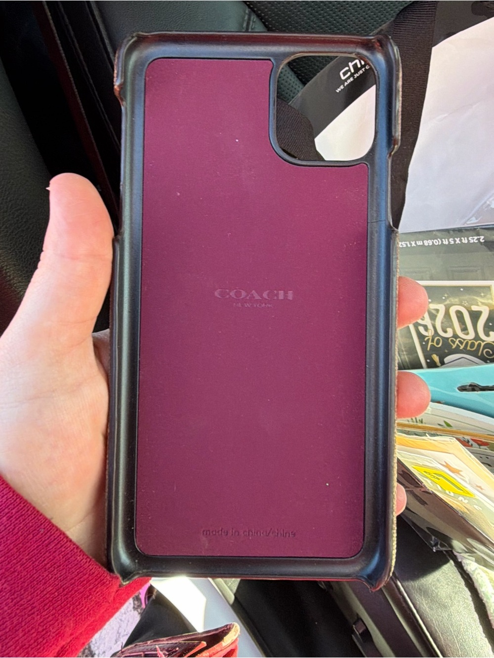 Coach Plum Leather Phone Case with Black Frame